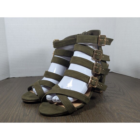 Torrid Ankle Strappy Sandals Block Heels Sz 10 Olive Green Inside Zip Buckles - Picture 1 of 10